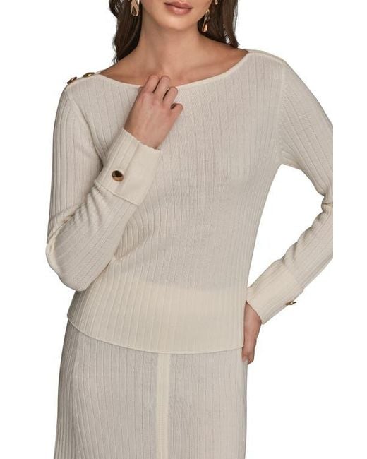 Donna Karan Natural Button Shoulder Boat Neck Rib Sweater