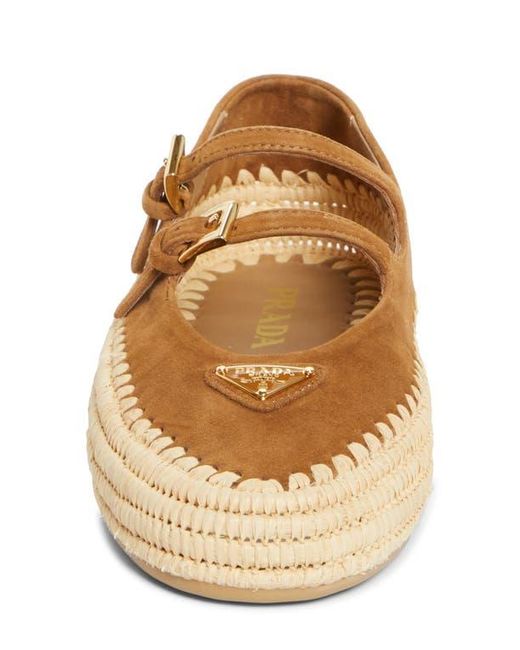 Prada Raffia Double Strap Mary Jane Flat in Brown | Lyst