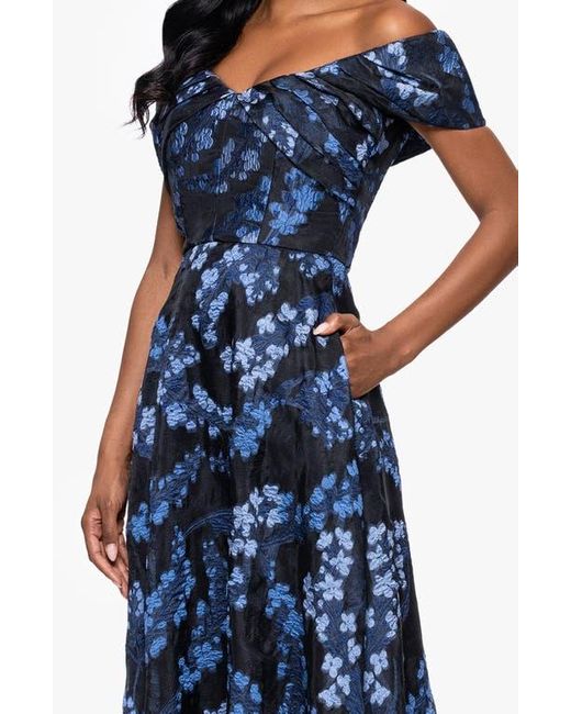 Betsy & Adam Blue Embroidered Floral Off The Shoulder Gown