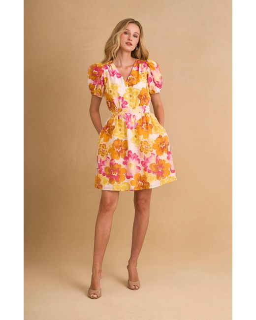 Cece Orange Floral Puff Sleeve Dress