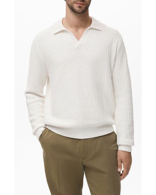 Mango White Structured Cotton Polo Sweater for men