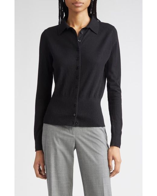 Lafayette 148 New York Black Rib Trim Button Front Polo Cardigan