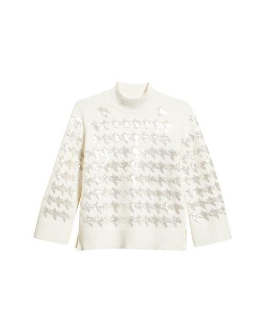 Anne Klein White Sequin Houndstooth Mock Neck Sweater
