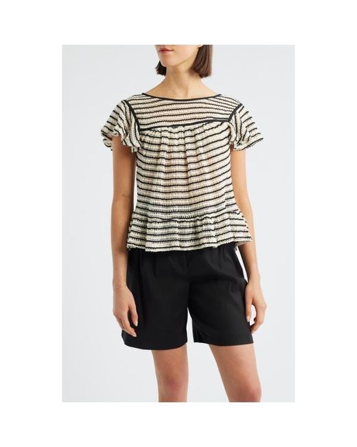 Bobeau Black Ruffle Open Stitch Short Sleeve Sweater