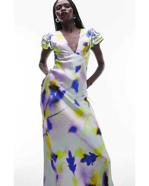TOPSHOP Blue Print Ruffle Sleeve Maxi Dress