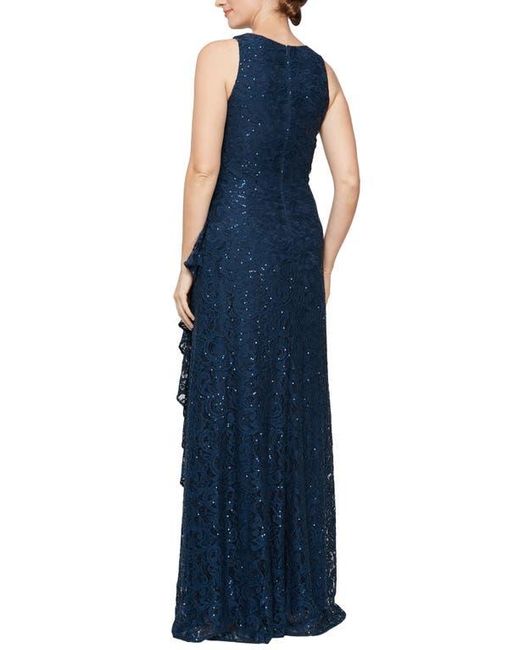 Alex Evenings Blue Sequin Ruched Ruffle A-Line Gown