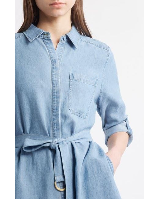 Kobi Halperin Blue Tie Waist Button Front Long Sleeve Chambray Dress