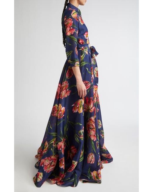 Carolina Herrera Blue Tulip Print Silk Gazar Trench Gown