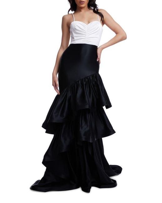 Dress the Population Black Clarice Tiered Ruffle Satin Gown
