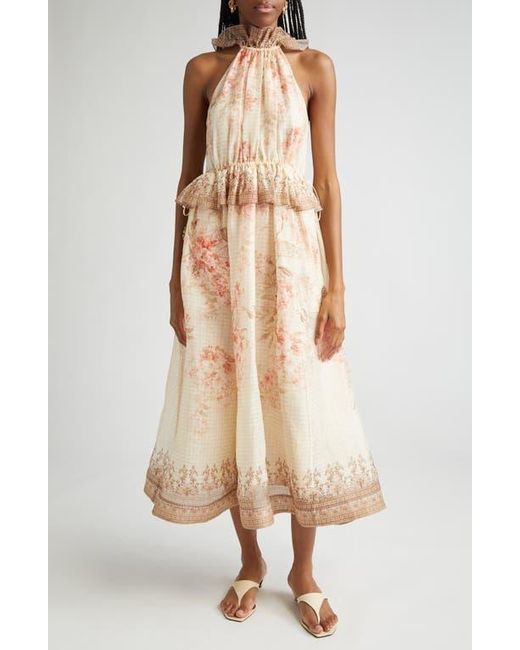 Zimmermann Natural Tropical Floral Linen & Silk Midi Dress