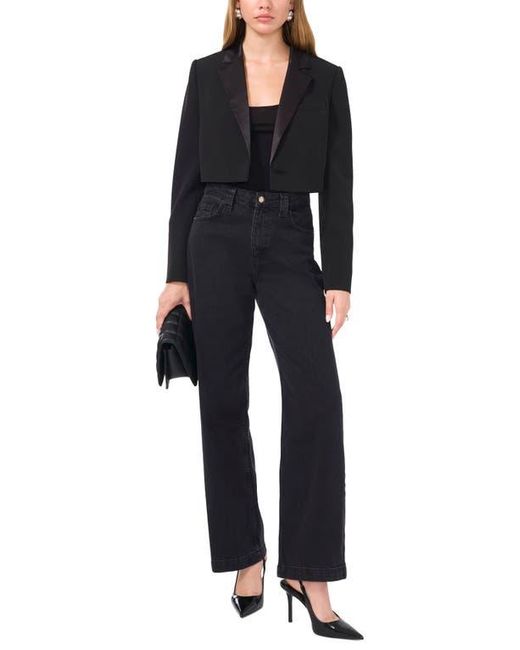 1.STATE Black Satin Lapel Crop Tuxedo Blazer
