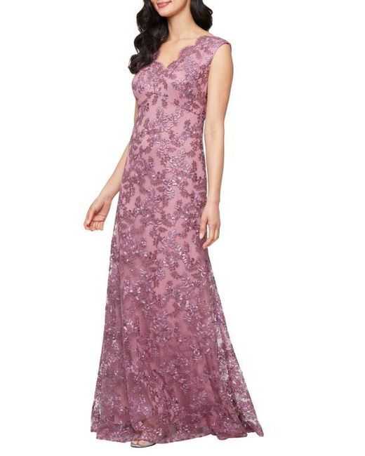 Alex Evenings Purple Embroidered Scalloped Sleeveless Gown