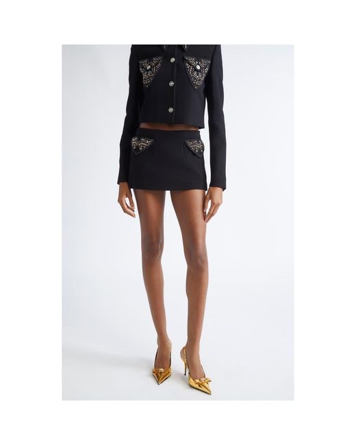 Versace Black Embellished Wool Crepe Miniskirt