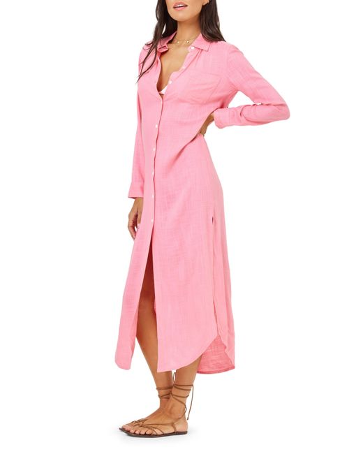 L*Space Pink Presley Long Sleeve Cover-up Shirtdress