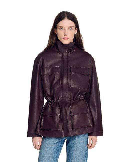 Sandro Purple Oversized Leather Collar Jacket