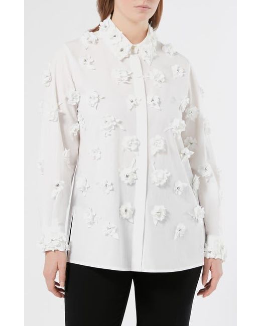 Marina Rinaldi White Fidato Crystal Flower Button-Up Shirt