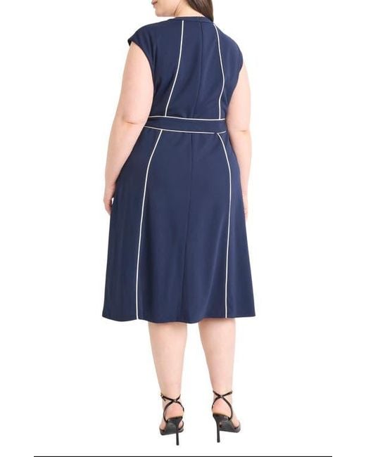 Maggy London Blue Contrast Piping Belted Midi Dress