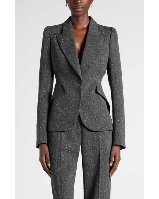 McQueen Gray One-Button Puff Sleeve Stretch Wool Jacket