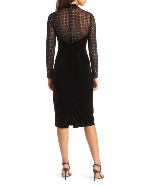 Eliza J Beaded Yoke Mixed Media Long Sleeve Sheath Dress in Black Lyst