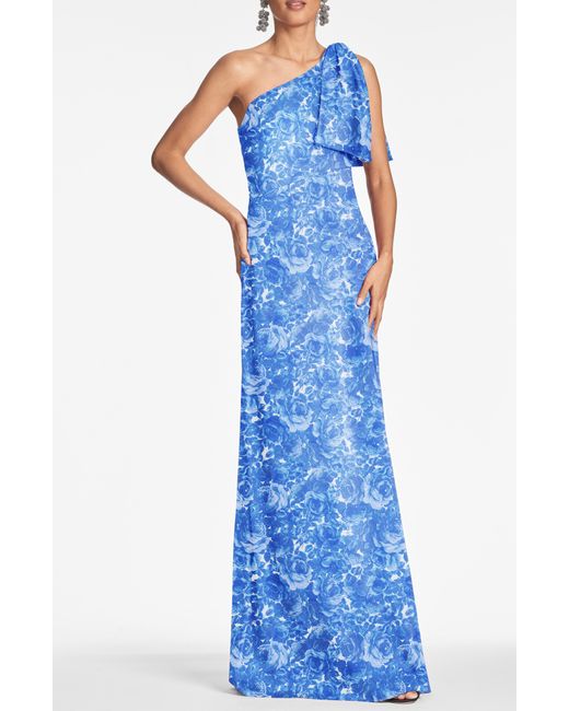 Sachin & Babi Blue Chelsea Bow One-shoulder Gown
