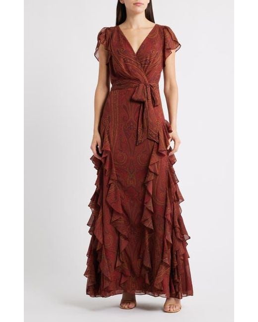 Ralph Lauren Women's Red Paisley Ruffle Trim Flutter Sleeve Gown