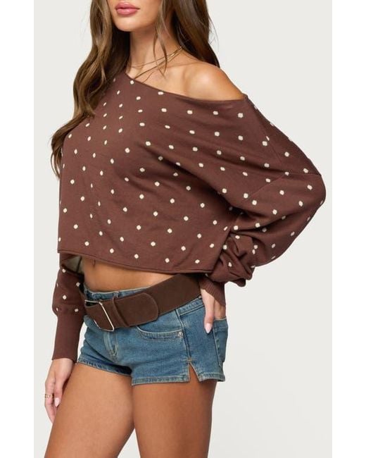 Edikted Brown Oversize Off The Shoulder Polka Dot Sweater