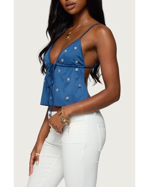 Edikted Blue Soleil Embroidered Daisy Open Back Camisole