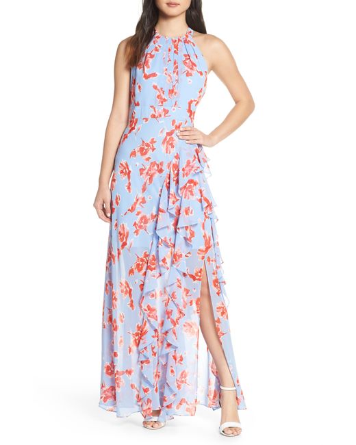 Eliza J Blue Halter Neck Ruffled Slit Front Floral Print Maxi Dress