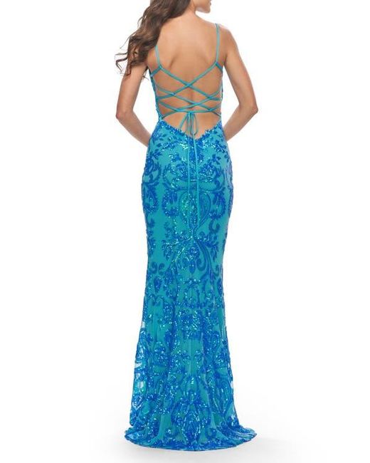 La Femme Blue Print Sequin Gown With Square Neckline