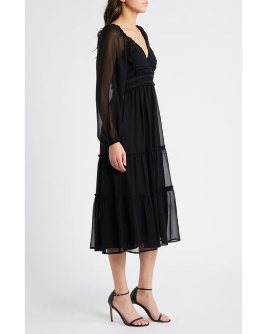 Bebe Black Lace-Up Back Long Sleeve Chiffon Midi Dress