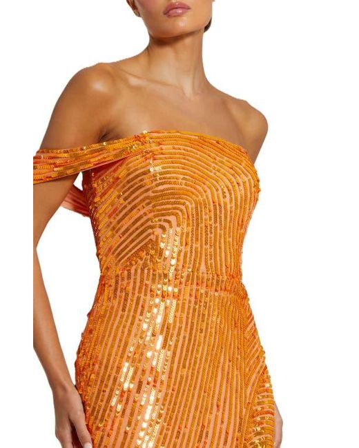 Mac Duggal Orange One Shoulder Mesh Sequin Gown With Slit