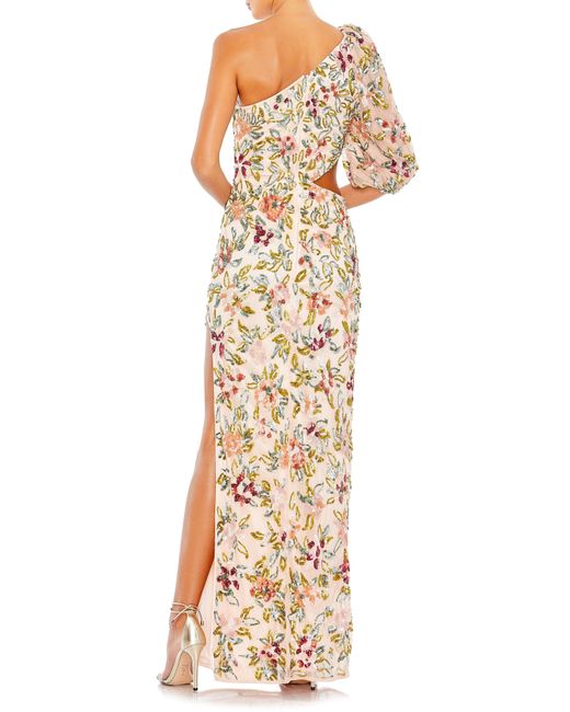 Mac Duggal Metallic Floral Sequin Cutout One-shoulder Gown