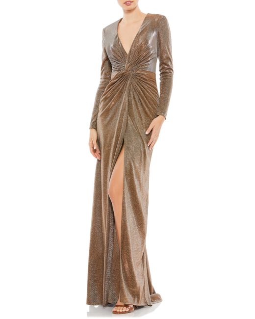 Mac Duggal Natural Sparkle Twist Front Long Sleeve Gown