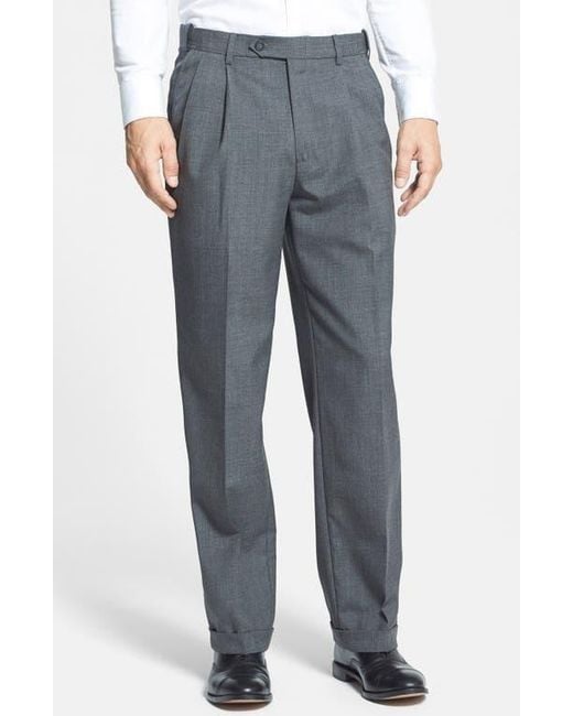 Berle Gray Self Sizer Waist Plain Weave Pleated Washable Trousers for men