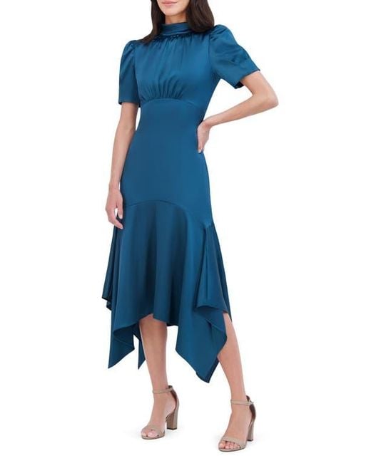 Eliza J Mock Neck Puff Sleeve Midi Dress in Blue Lyst