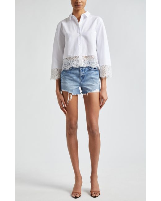 L'Agence White Levo Lace Trim Crop Button-up Shirt