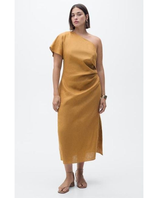 Mango Natural One-Shoulder Linen Midi Dress