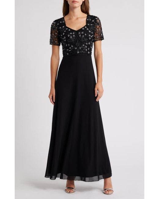 Pisarro Nights Black Beaded Bodice Short Sleeve Gown