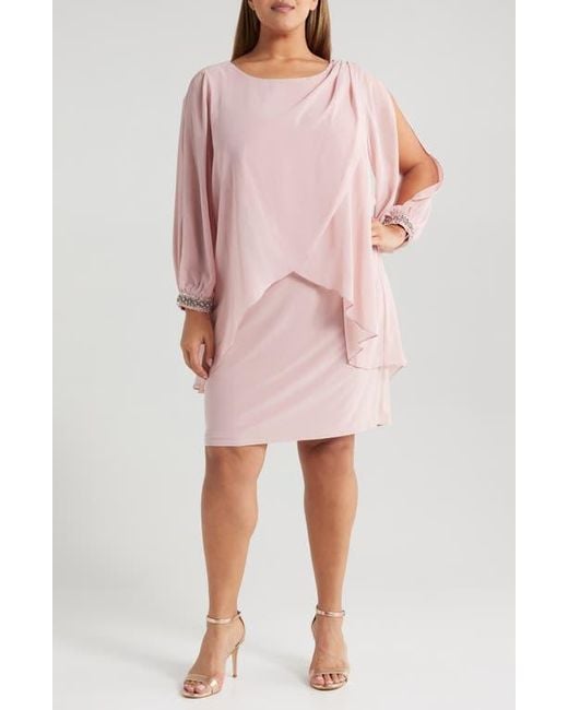Sl Fashions Pink Beaded Overlay Long Sleeve Chiffon Cocktail Dress