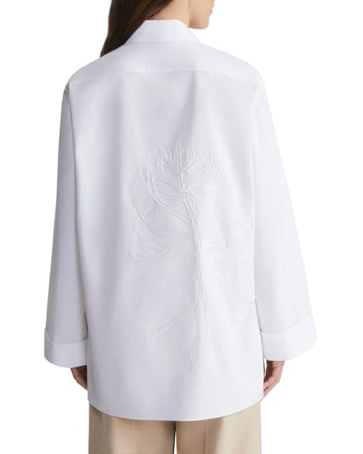 Lafayette 148 New York White Floral Embroidered Cotton Poplin Button-up Shirt