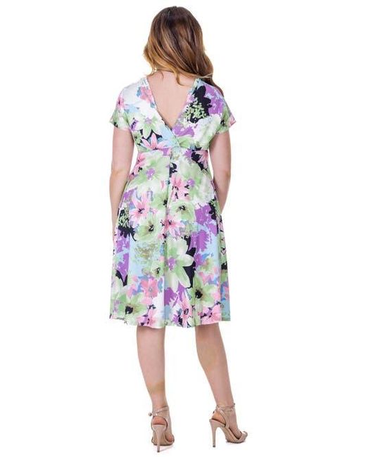 24seven Comfort Apparel Blue Petites Floral Print V-Neck Empire Waist Kimono Cap Sleeve Knee Length Dress