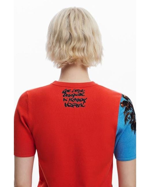 Desigual Red Collage Print Short Sleeve Knit Top