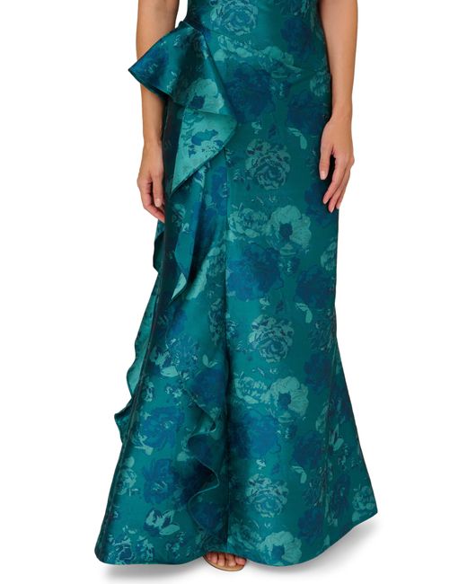 Adrianna Papell Green Ruffle Off The Shoulder Jacquard Mermaid Gown