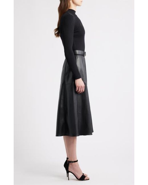 Tahari The Miranda Long Sleeve Mixed Media Faux Leather Midi Dress in Black  | Lyst