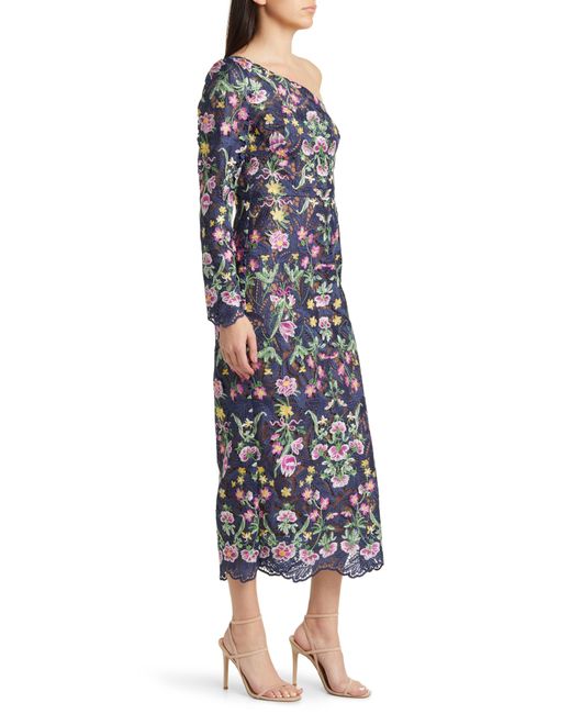 Marchesa Black Floral Embroidered Long Sleeve One-shoulder Dress