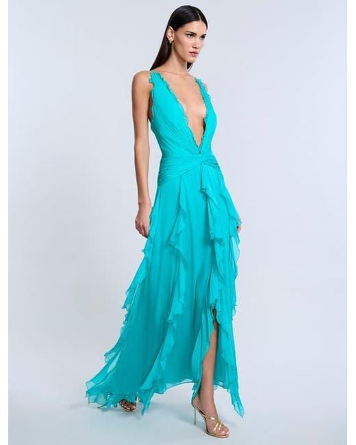 BCBGMAXAZRIA Blue Ruffle Halter Chiffon Gown