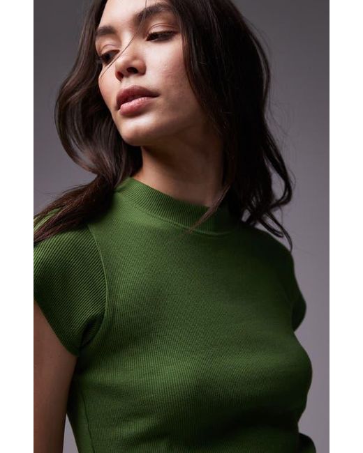 TOPSHOP Green Rib Fitted Curve Hem Tee