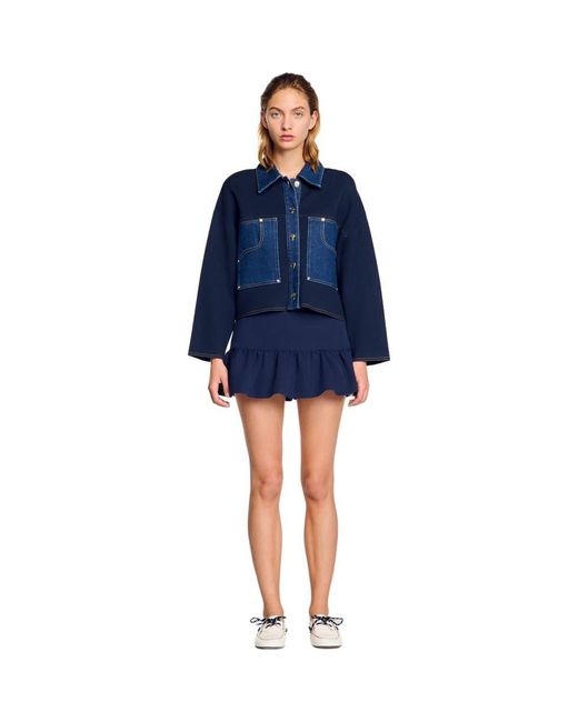 Sandro Denim Detail Cardigan in Blue | Lyst