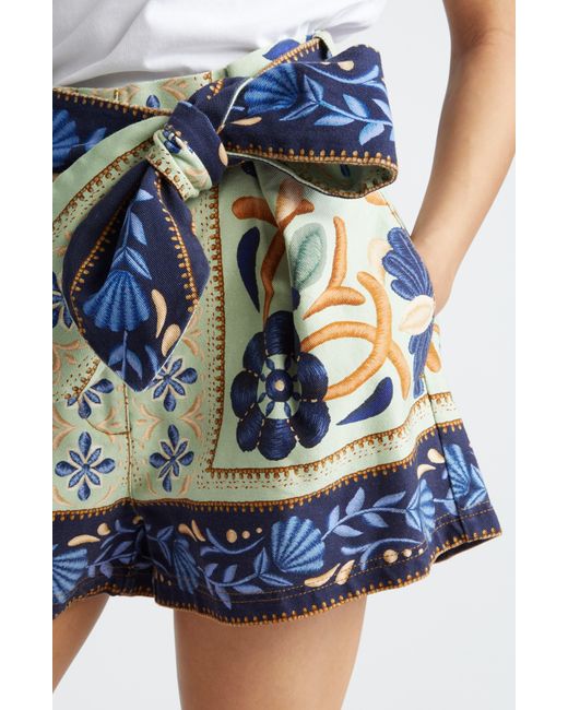 Farm Rio Blue Ocean Tapestry Tie Front Cotton Shorts