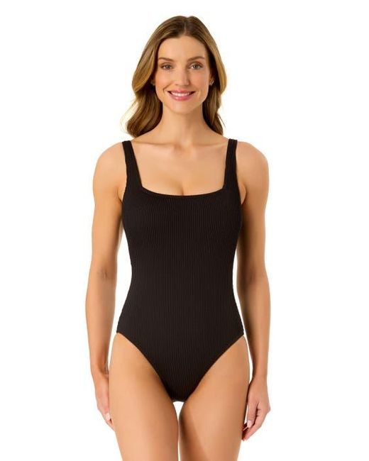 Anne Cole Black Textured Classic Square Neck One Piece Swimsuit